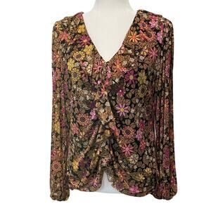 Jane + Delancey Floral Ruffle Top Blouse Sz L V-Neck Long Sheer Sleeves Feminine